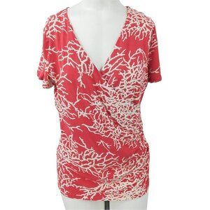Talbots Faux Wrap Blouse Size S Coral Reef Ruched V-Neck Short Sleeve T-Shirt